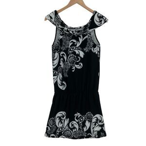 White House Black Market Blouson Dress Womens XS Black White Floral Sleeveless